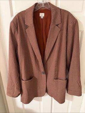 A New Day Plaid Boyfriend Blazer Tan Rust Brown Check Micro Houndstooth Size XL